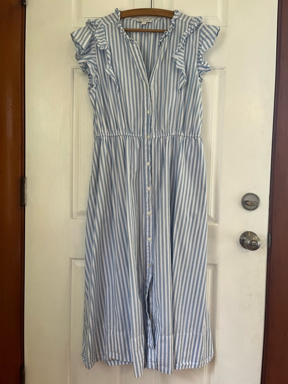 100% Cotton Free Assembly Blue & White Striped Button-Front Midi Dress